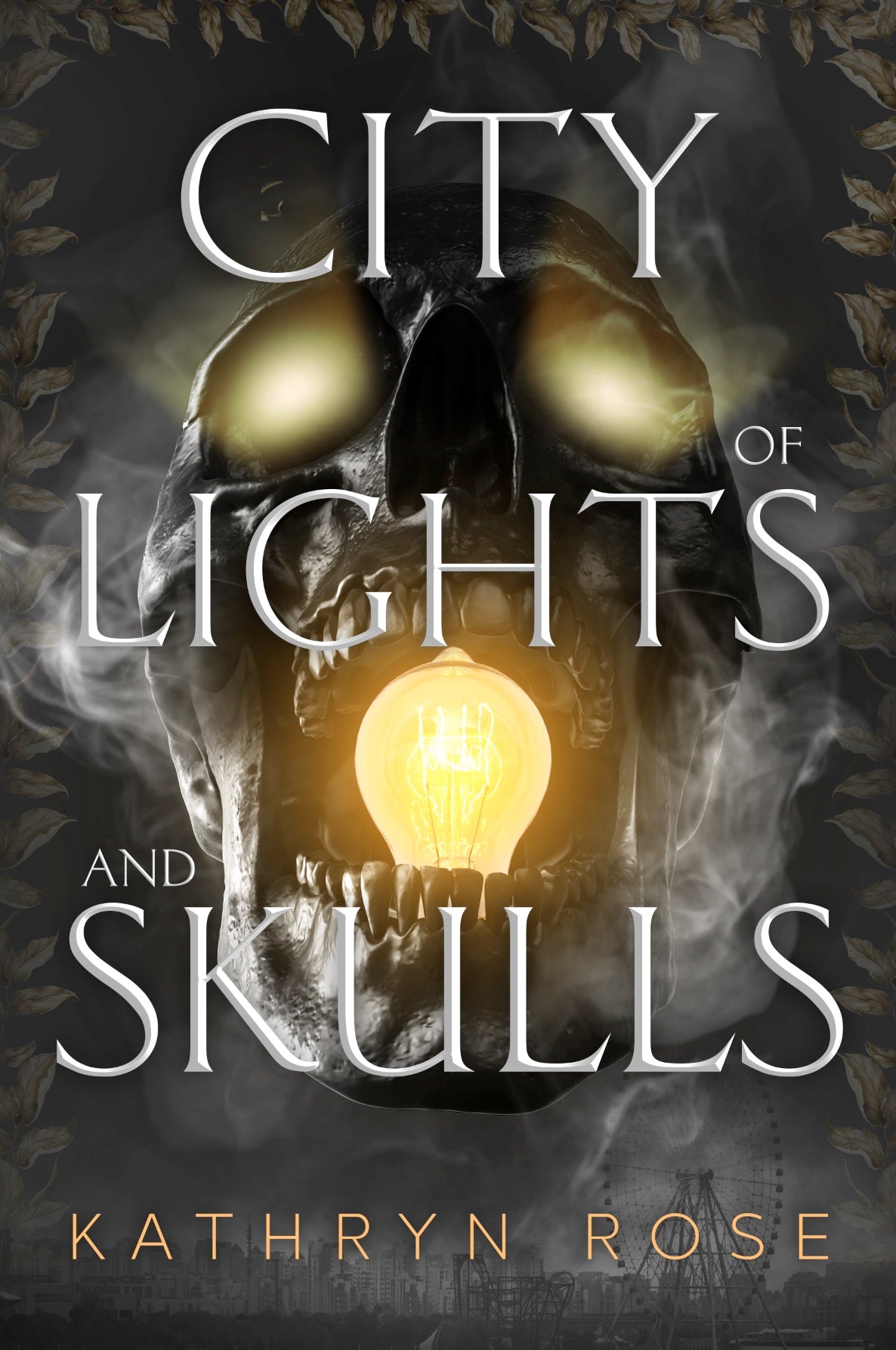 Book cover of 'City of Lights and Skulls' with a skull and light bulb design.