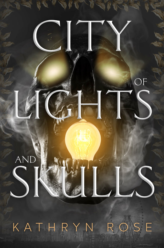 Book cover of 'City of Lights and Skulls' with a skull and light bulb design.